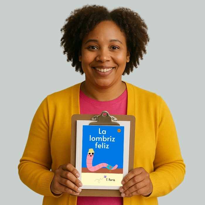 Person holding a book titled 'La lombriz feliz' by T. Paris against a plain background