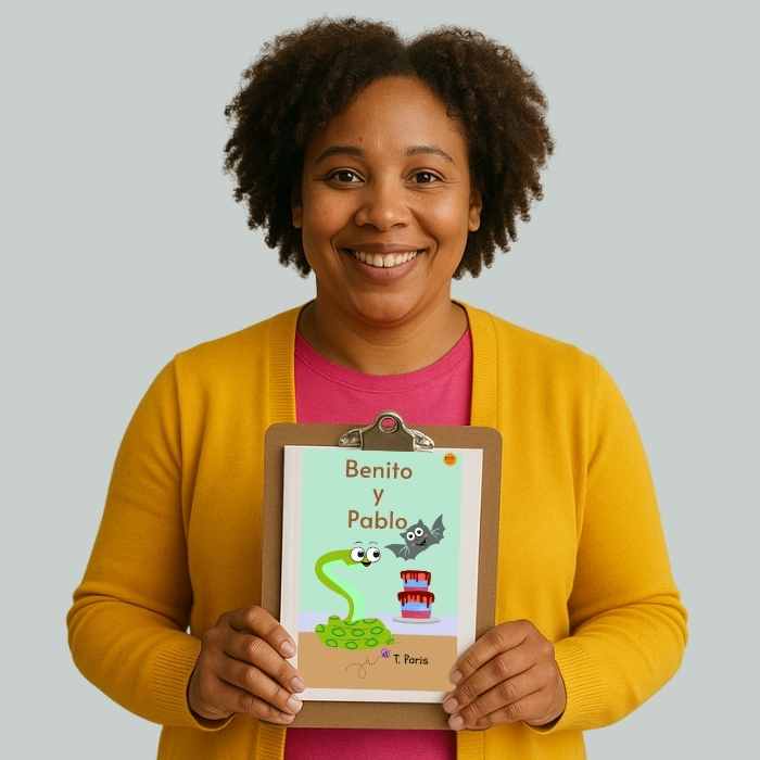 Woman holding a book titled 'Benito y Pablo' with a green background and cartoon characters.