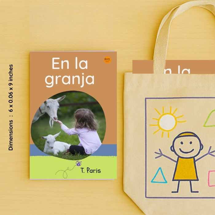 Children's book titled 'En la granja' by T. Paris next to a tote bag with a child and sun design on a yellow background.