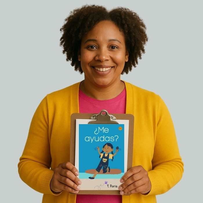 Person holding a clipboard with a children's book titled '¿Me ayudas?' against a plain background