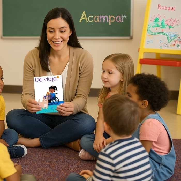 Teacher reading a book to children in a classroom setting