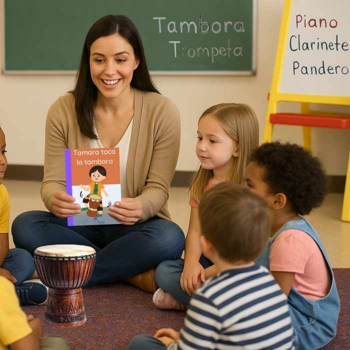 Teacher reading a book to children in a classroom setting with musical instruments.