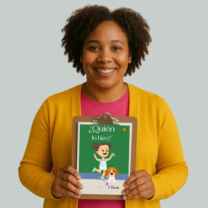 Person holding a children's book titled 'Quién lo hizo?' by I. Paris against a plain background