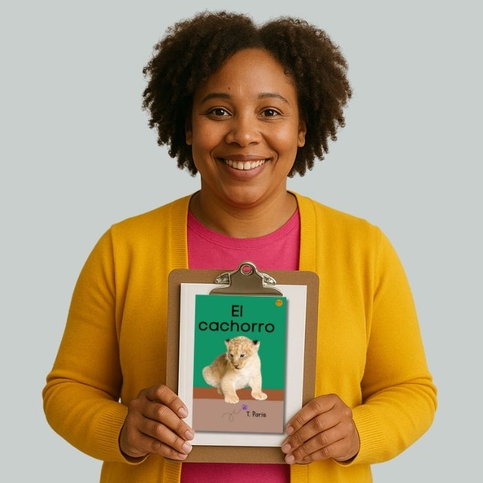 Person holding a book titled 'El cachorro' with a lion cub illustration on a gray background