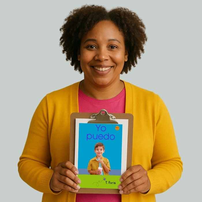 Person holding a book titled 'Yo puedo' with a child on the cover against a plain background