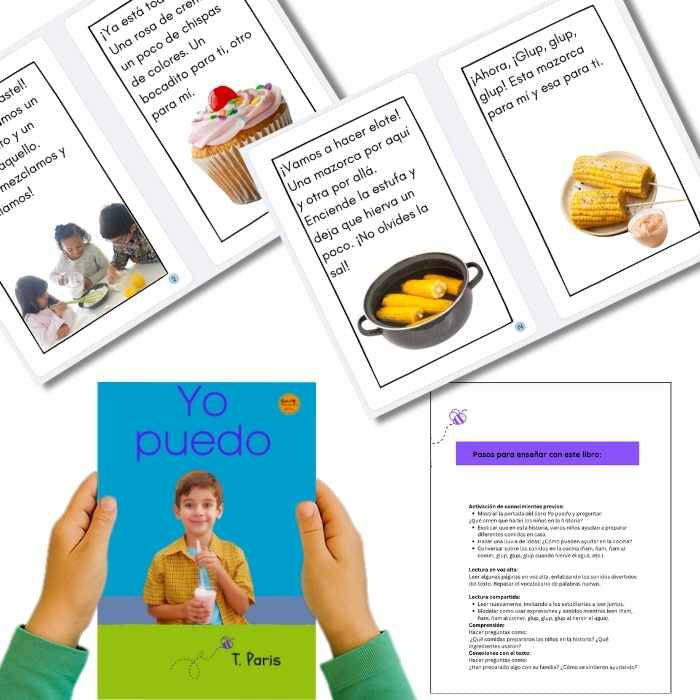 Educational booklets with images and text, held by a child, with a book titled 'Yo puedo' by T. Paris.