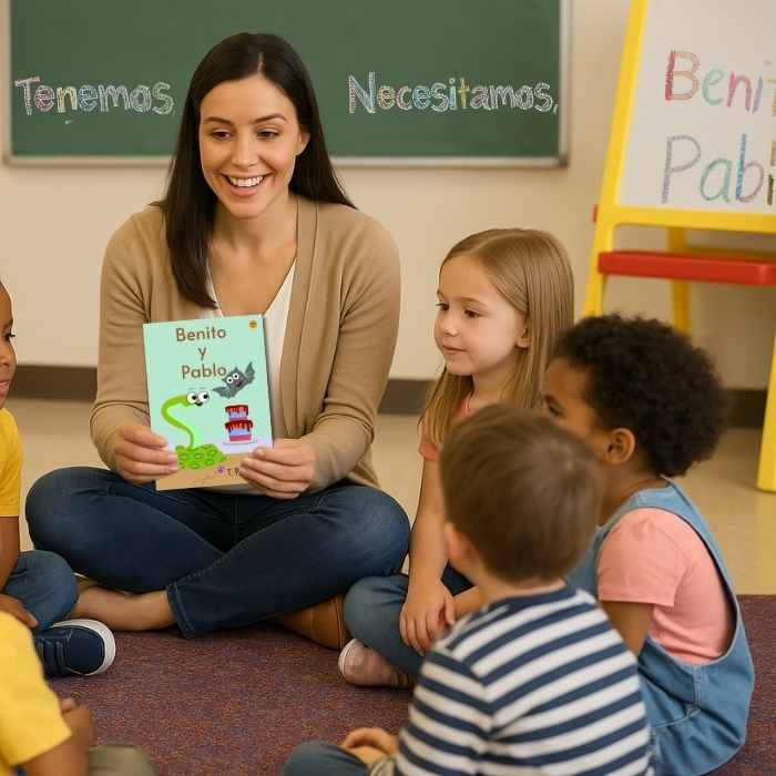 Teacher reading a book to a group of children in a classroom setting.