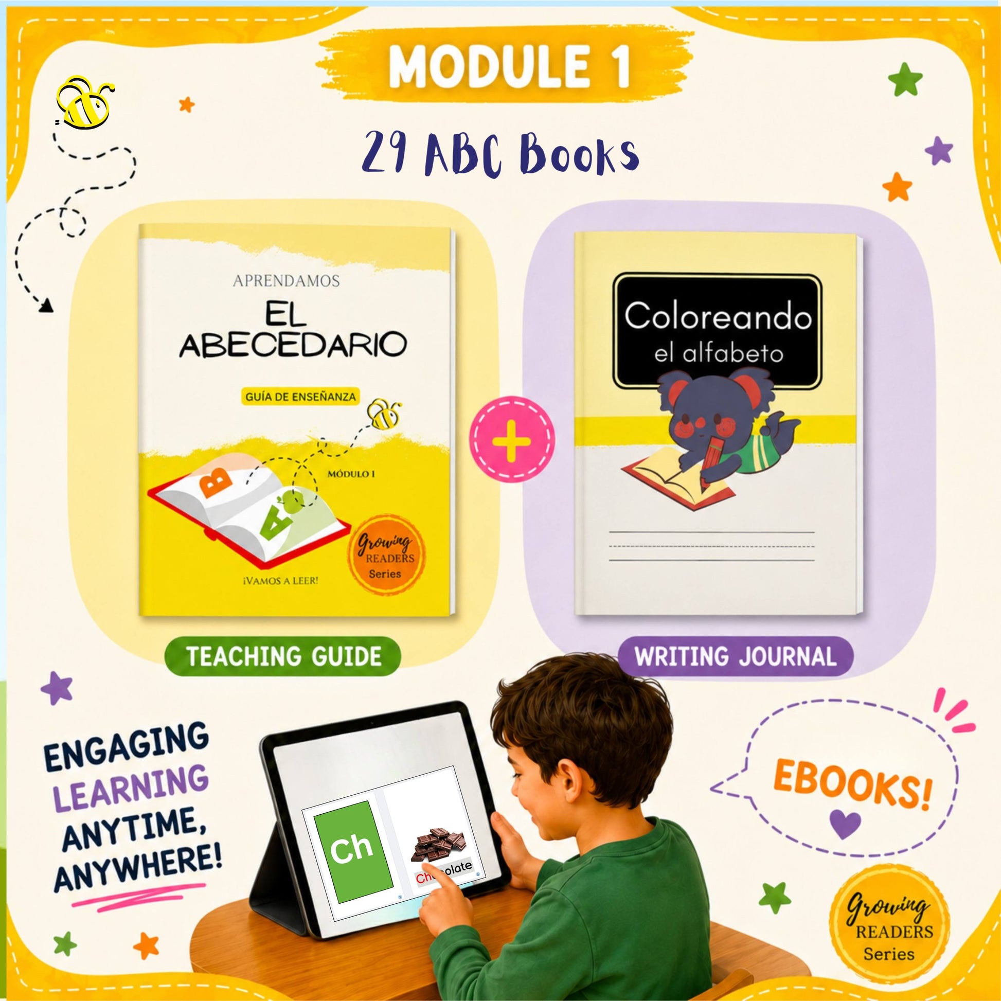 Educational materials for learning Spanish alphabet with books and a tablet.