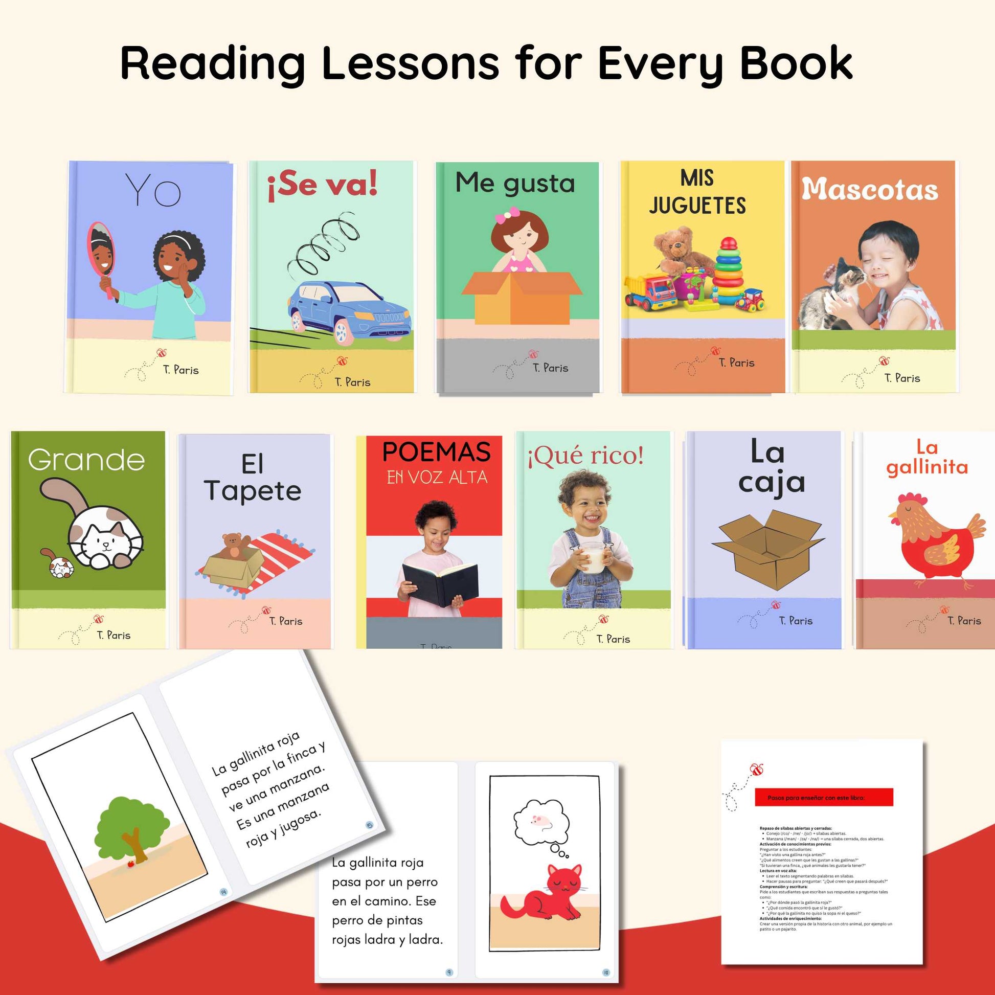 Collection of children's books with colorful covers and reading lessons on a red background