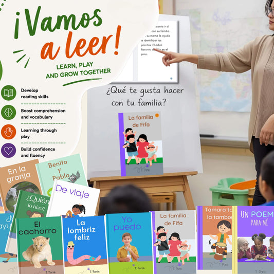Educational setting with books and a teacher pointing at a whiteboard in a classroom.