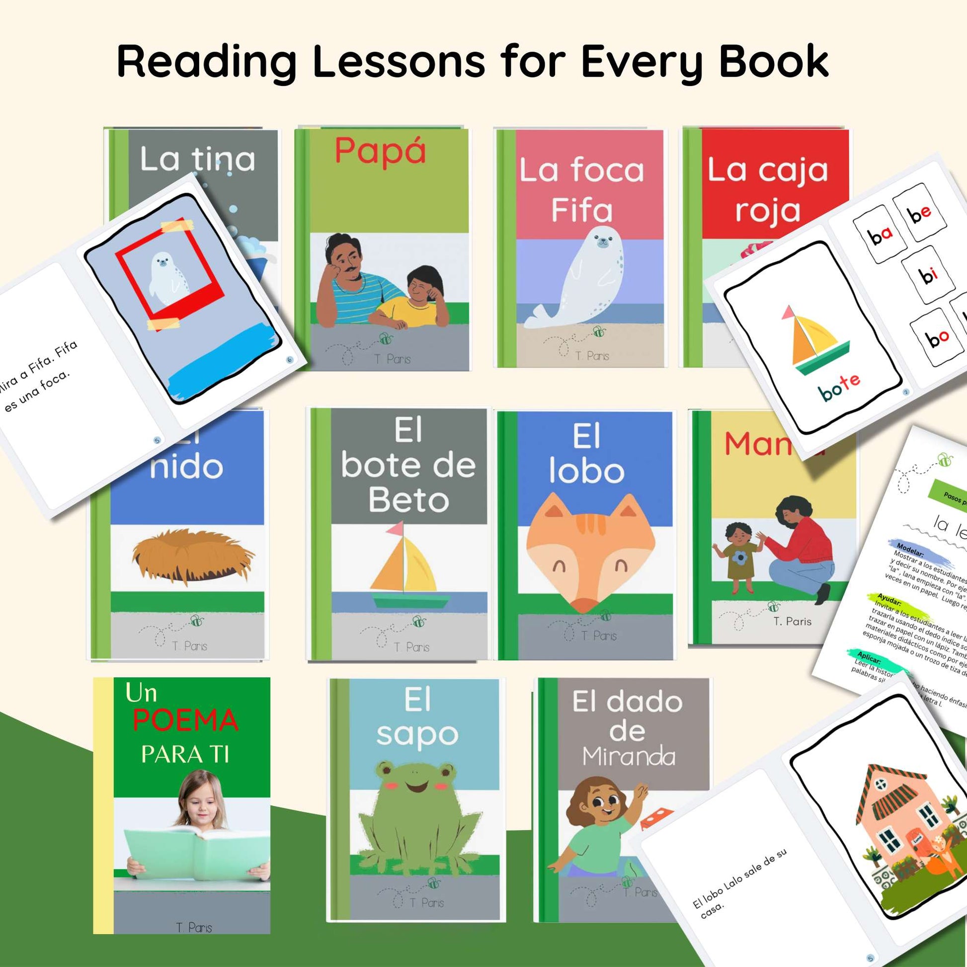 Collection of children's books and educational cards with Spanish titles on a light background
