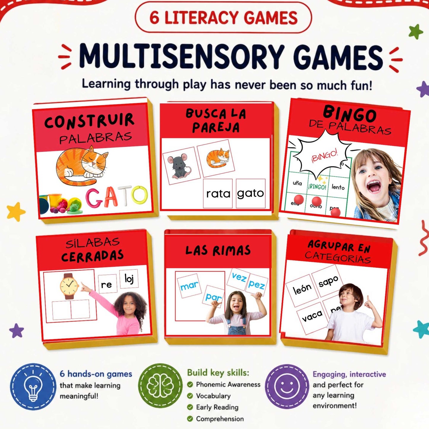 Multisensory literacy games for children with colorful cards and text.