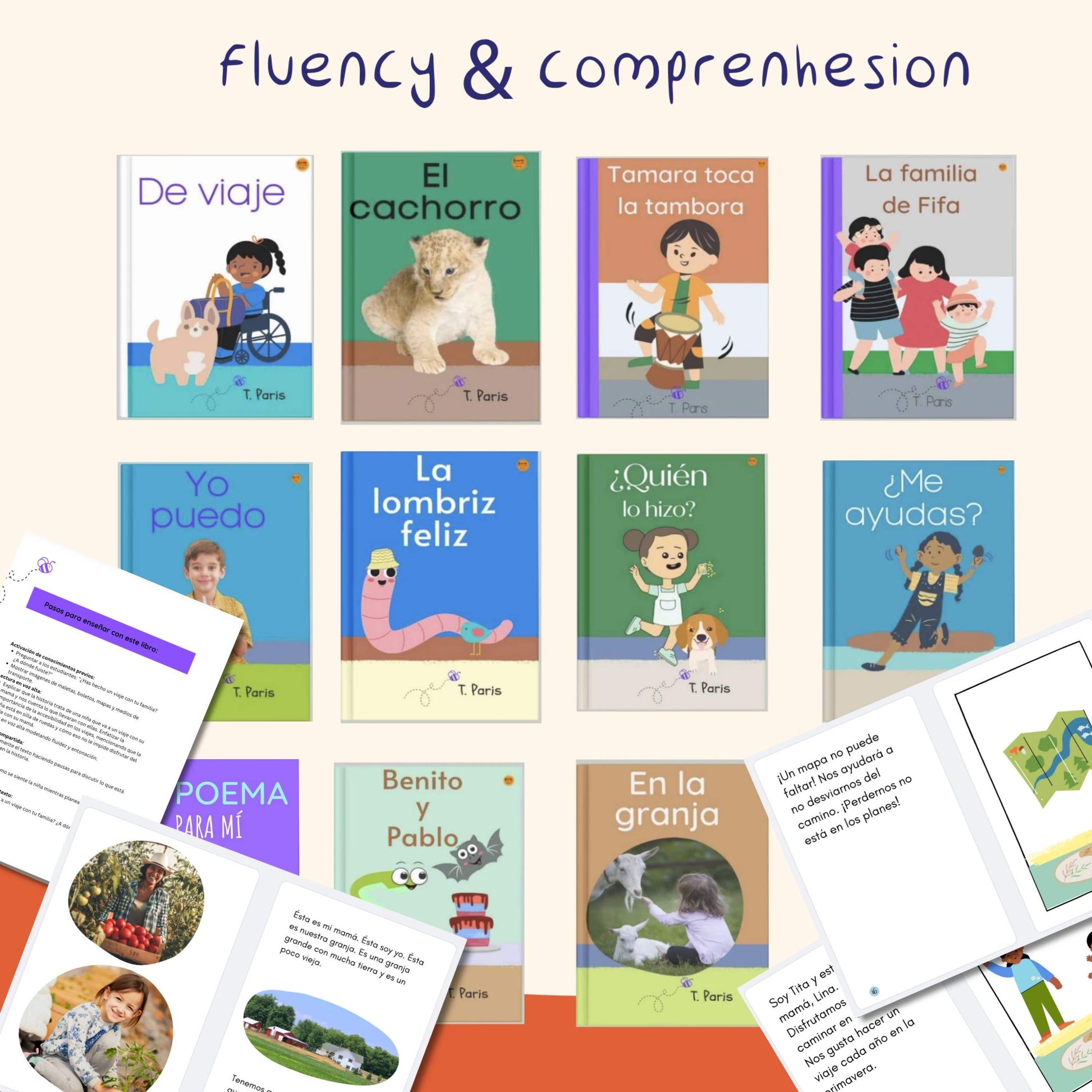 Collection of children's books and educational materials on a colorful background