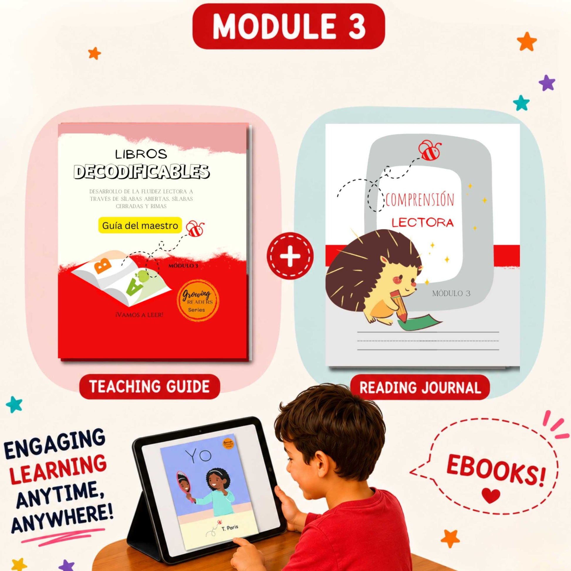 Educational materials for children including a teaching guide and reading journal with a child using a tablet.