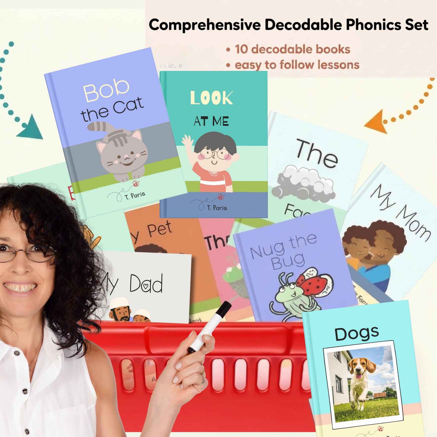 Educational books for children with a teacher holding a marker, set against a white background.