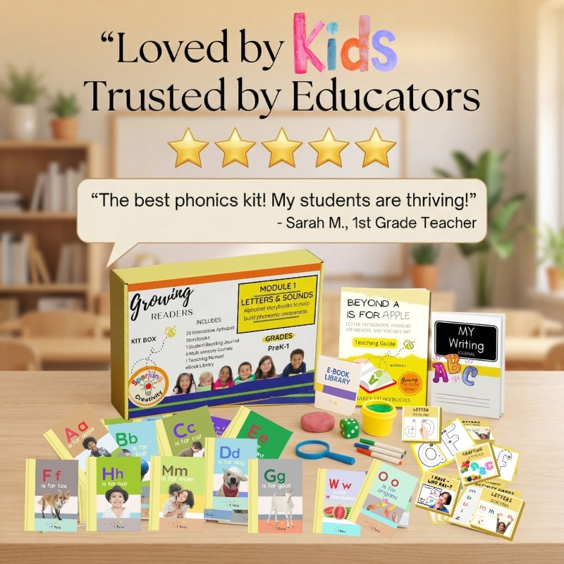 Educational phonics kit with materials on a table, surrounded by classroom elements.