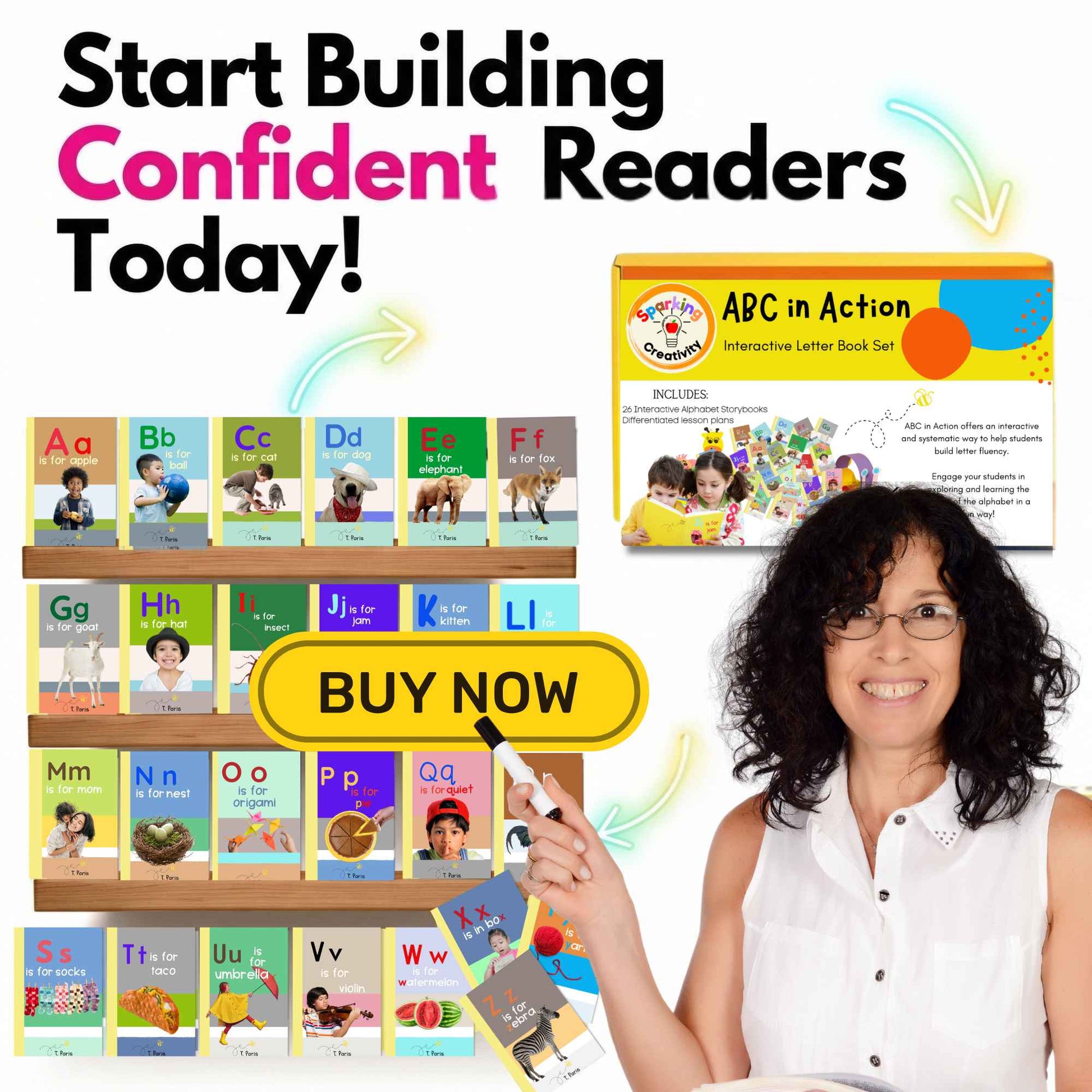 Educational product set for teaching letters and numbers with a woman holding a pen and smiling.