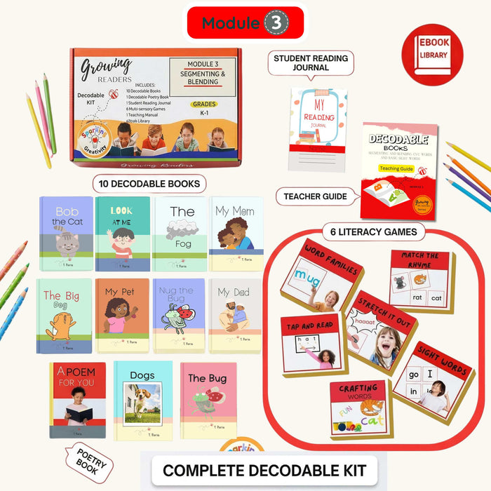 Educational materials for literacy development including decodable books, a teacher guide, and literacy games.