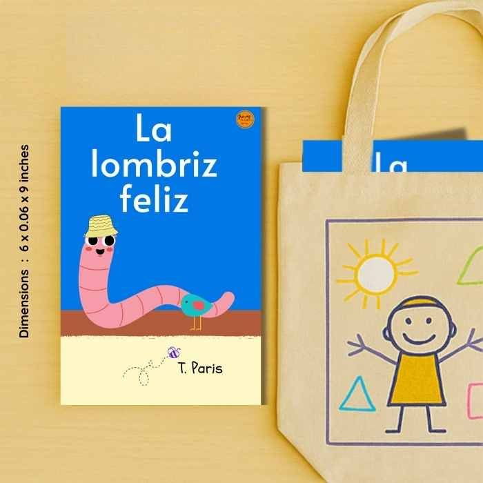 Children's book 'La lombriz feliz' with a tote bag featuring a child and sun design on a yellow background.