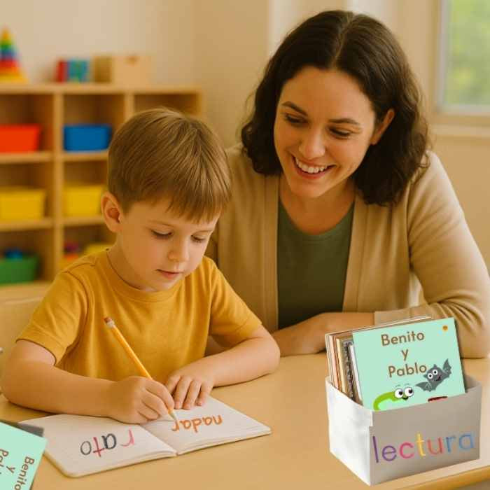 Woman and child sitting at a table with educational materials in a classroom setting