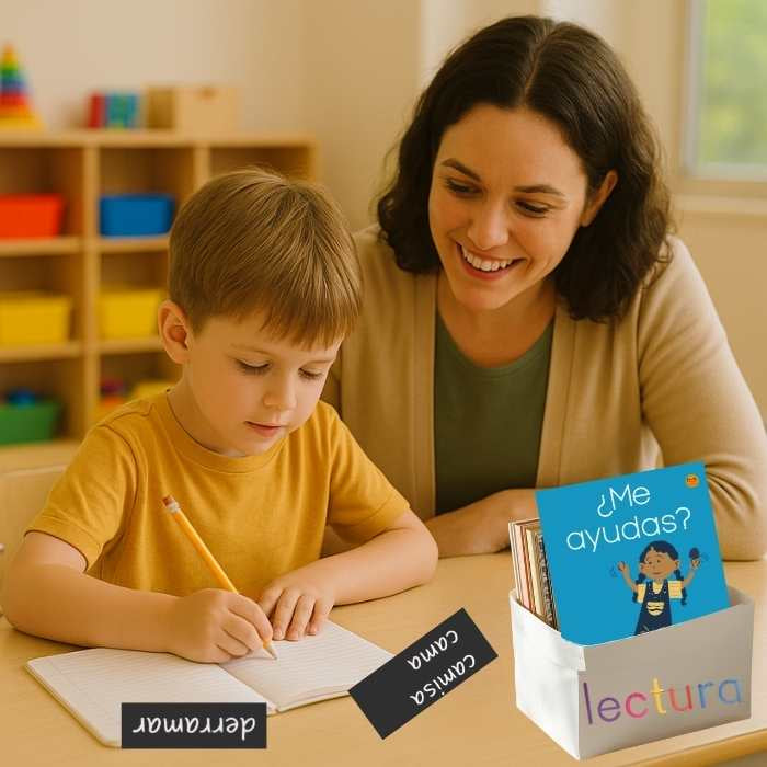 Woman and child sitting at a table with educational materials in a classroom setting