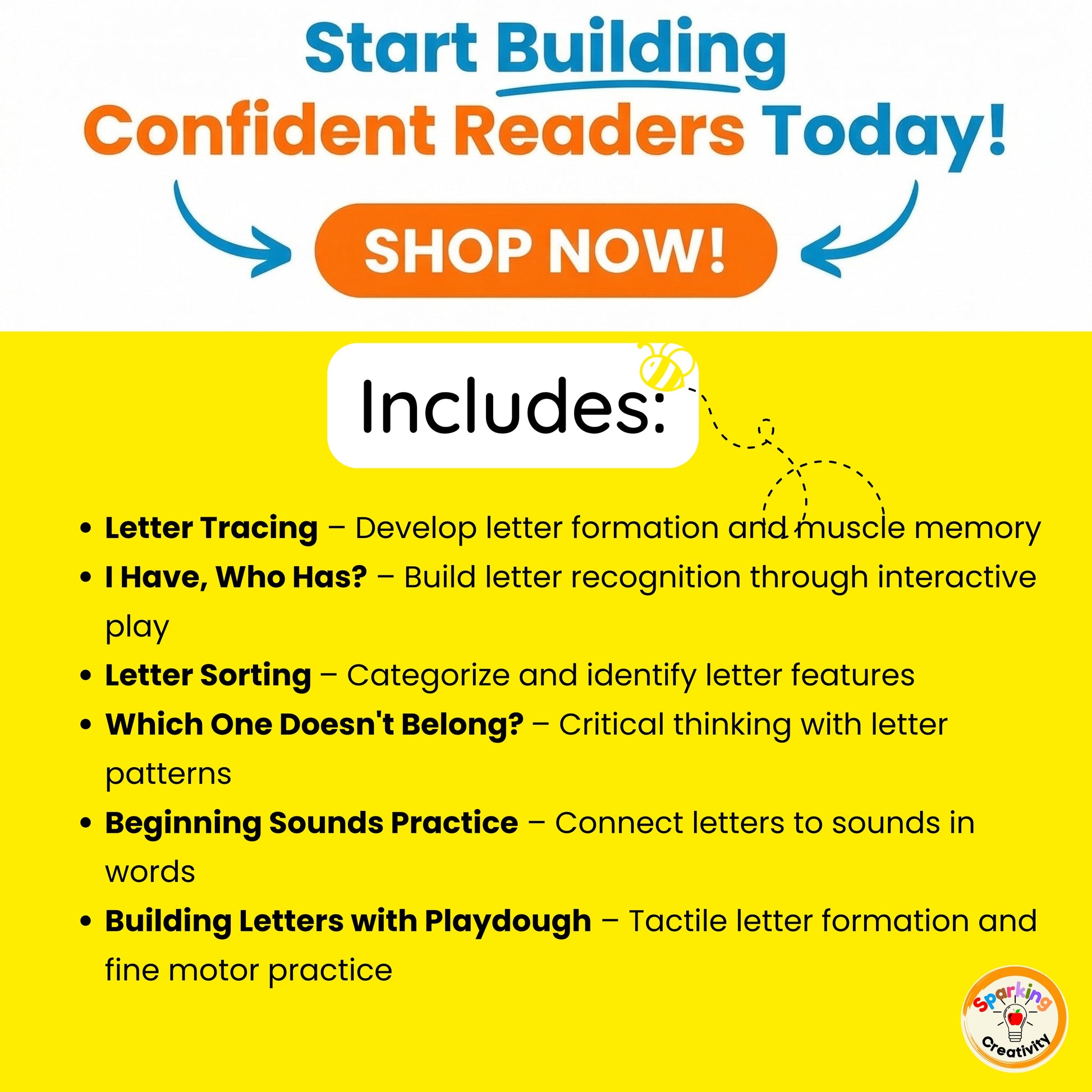 Advertisement for educational products to help children start building confident readers with features listed on a yellow background.