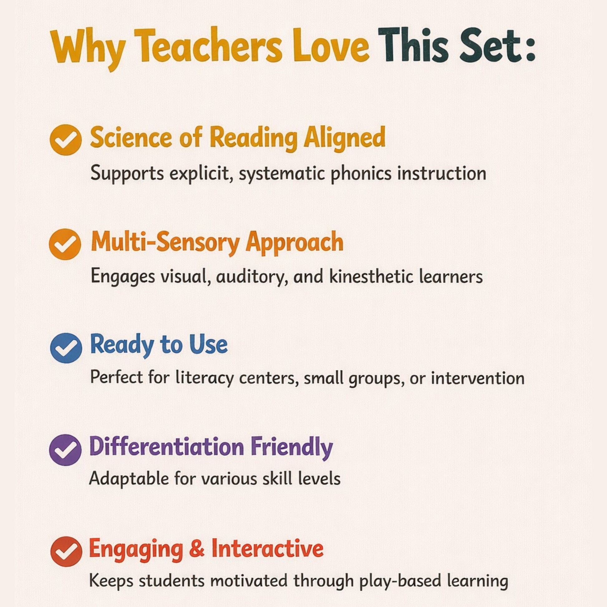 List of reasons why teachers love a particular educational product set on a white background.