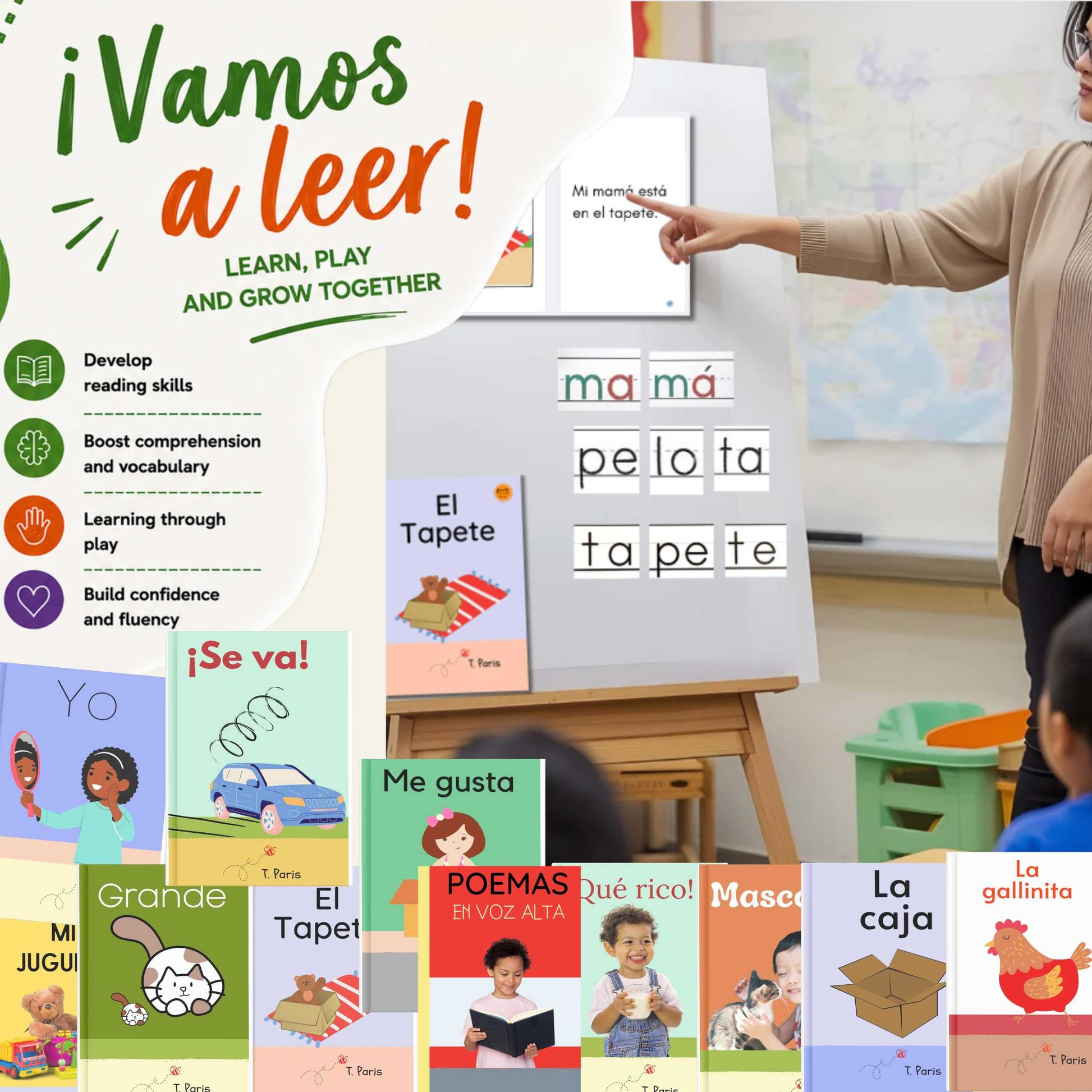 Educational materials and posters for children with text and images on a classroom setting.
