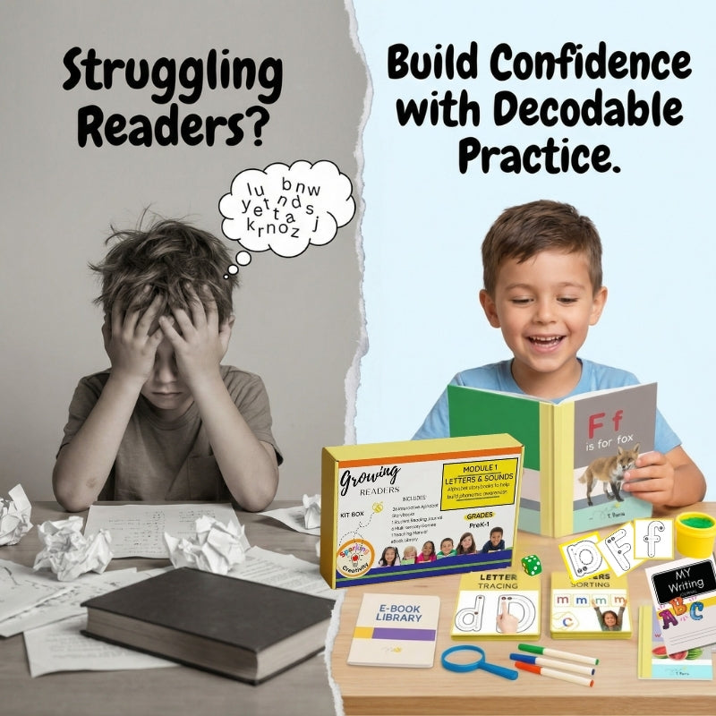 Children with reading materials and educational tools, emphasizing decoding practice for confidence.