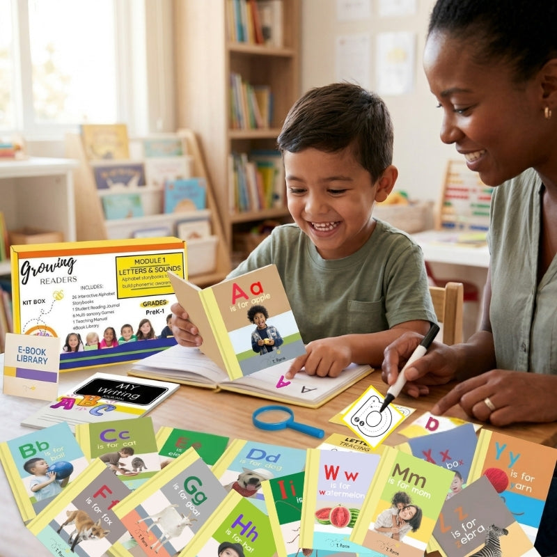 Child and adult sitting at a table with educational materials, including books and flashcards, in a classroom setting.